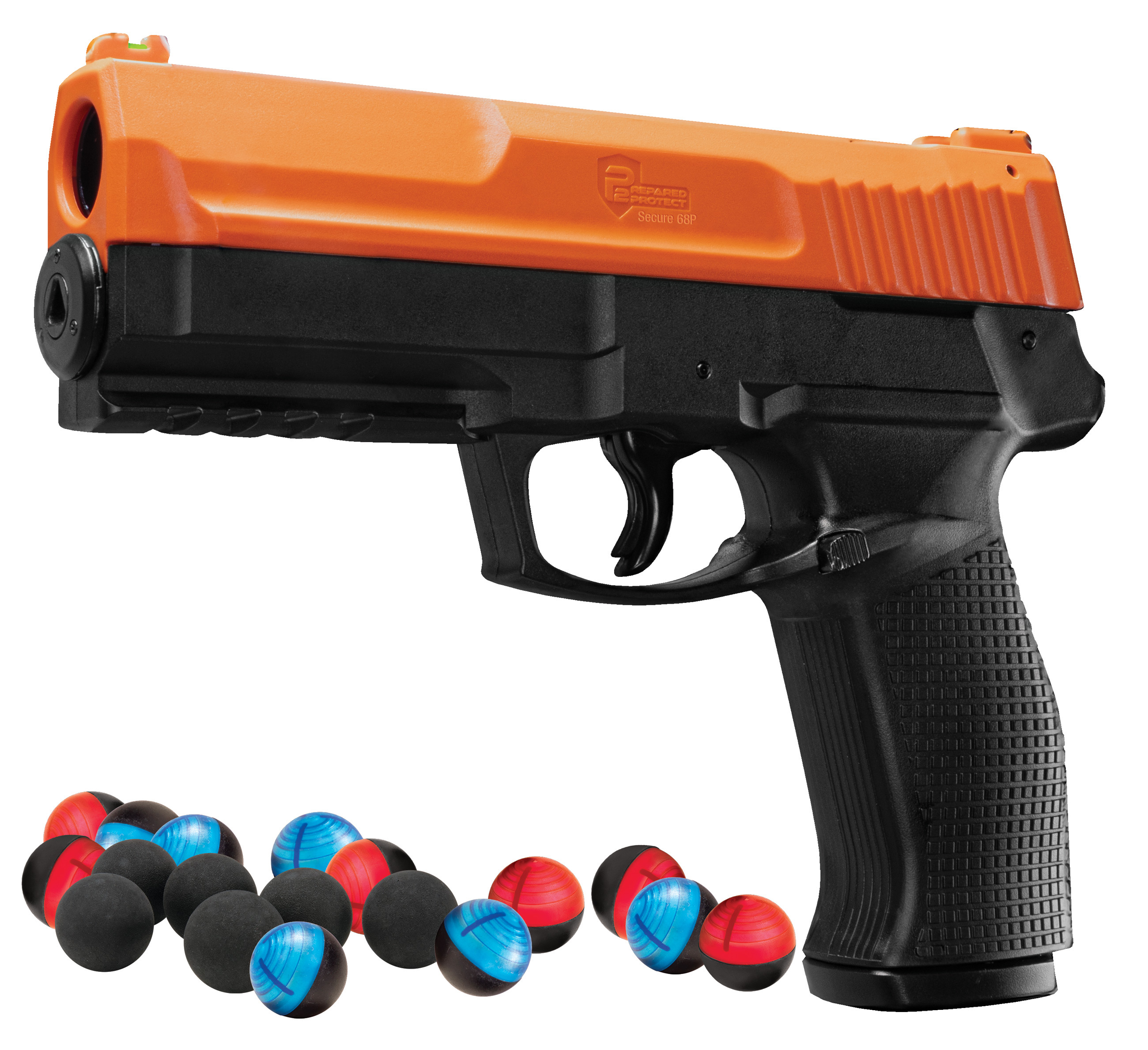 P2P Secure 68P less-lethal pistol shown with .68 caliber pepper and kinetic ammunition